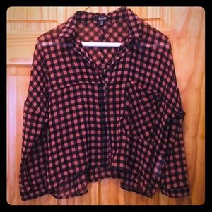 Sheer cropped plaid button down shirt